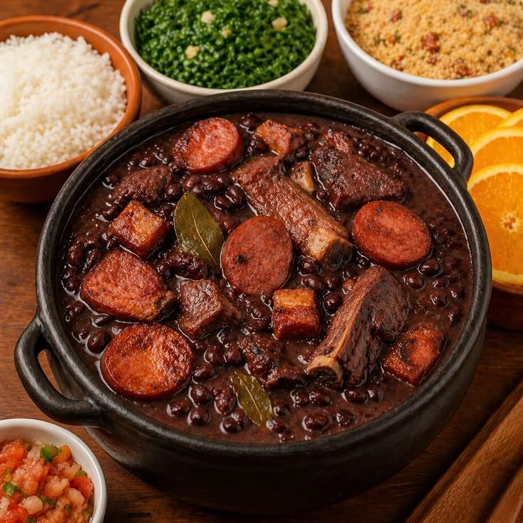 Prato tradicional de feijoada brasileira com carnes nobres
