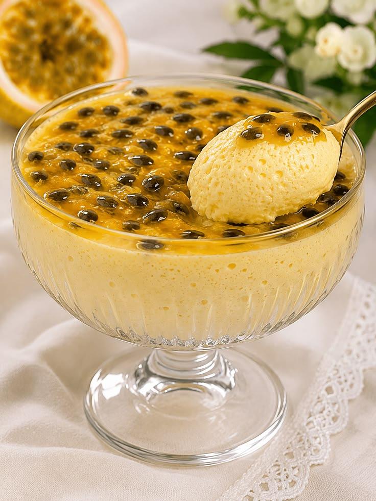 Taça de mousse de maracujá cremosa e refrescante