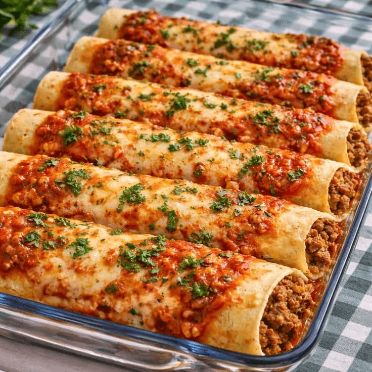 Panquecas enroladas recheadas de carne moída